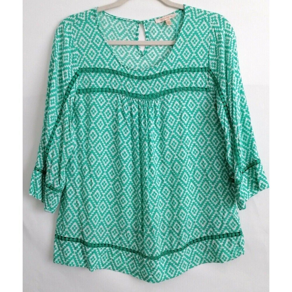 Skies Are Blue Womens Tunic Top Green White 3/4 Sleeve Boat Neck L Crochet